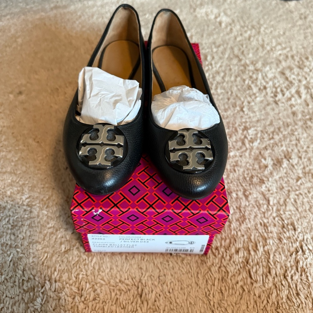 Tory Burch Reva Black Leather with Silver Logo Women's Flats